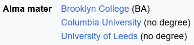 A Wikipedia table listing Dennis Prager's degrees. He has a BA from Brooklyn College and no other degrees.